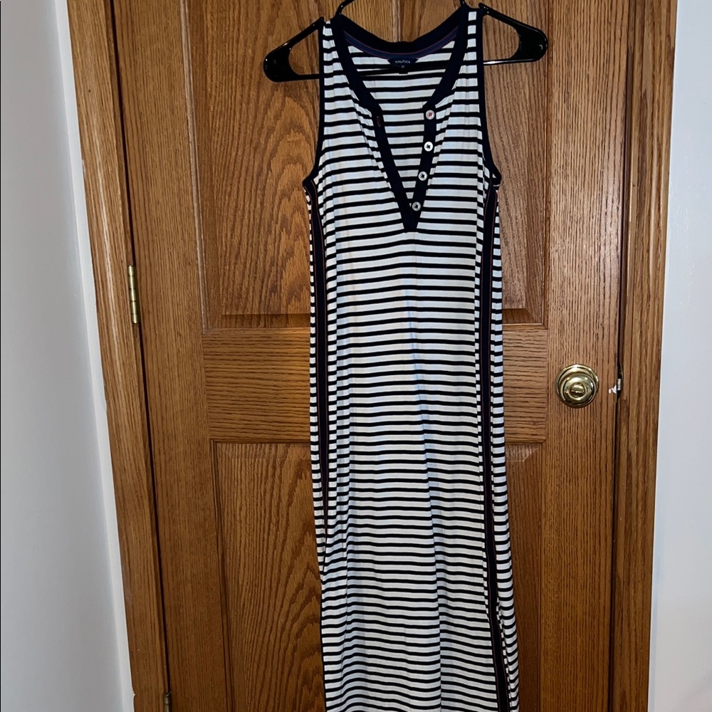 Nautica Navy and White Striped Maxi Dress